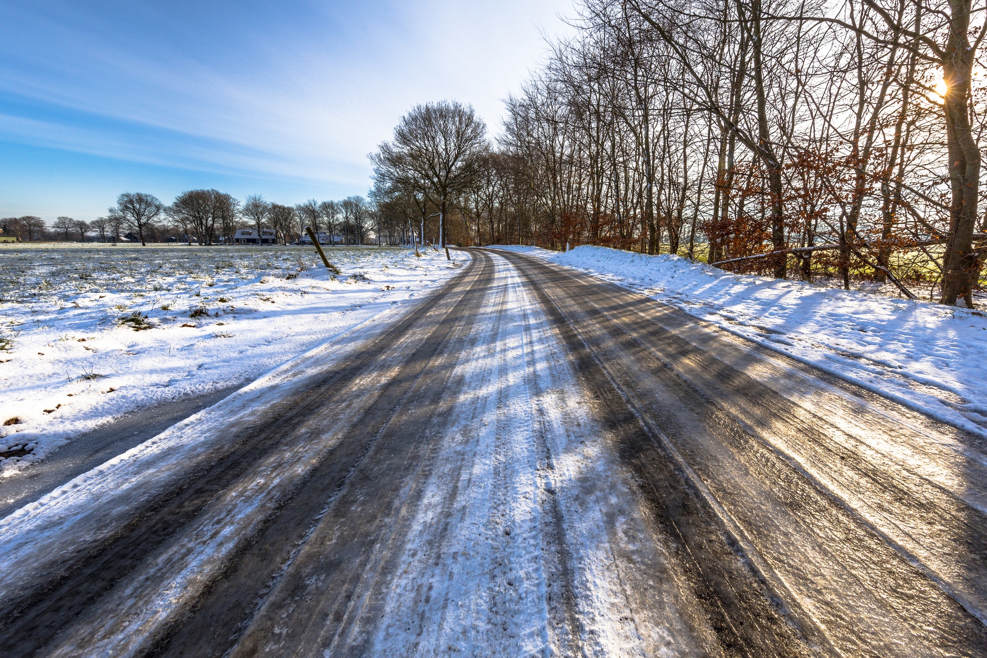 Black ice on a countryside road