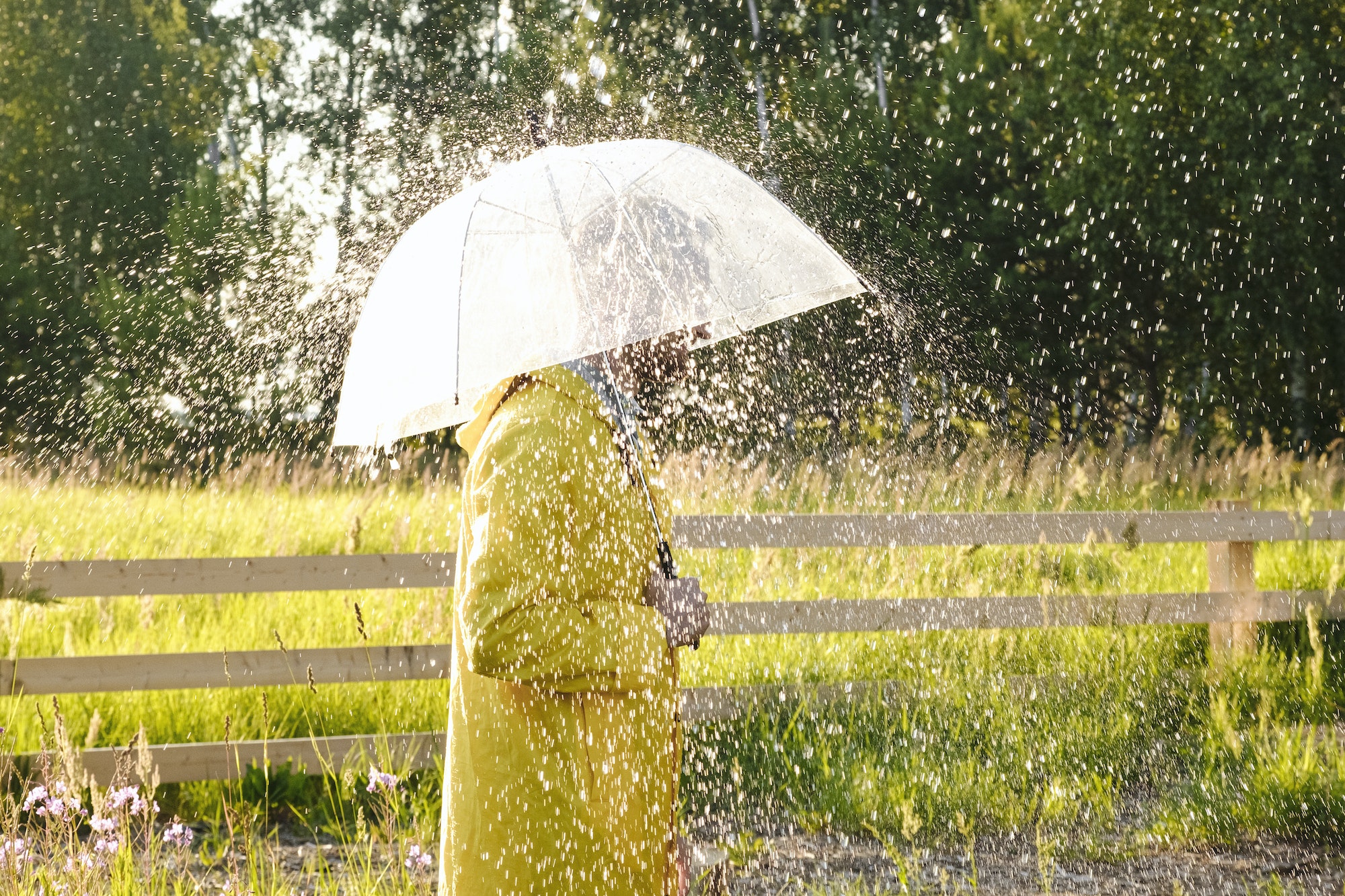 A man in a yellow raincoat in the rain. It's raining and the sun is shining