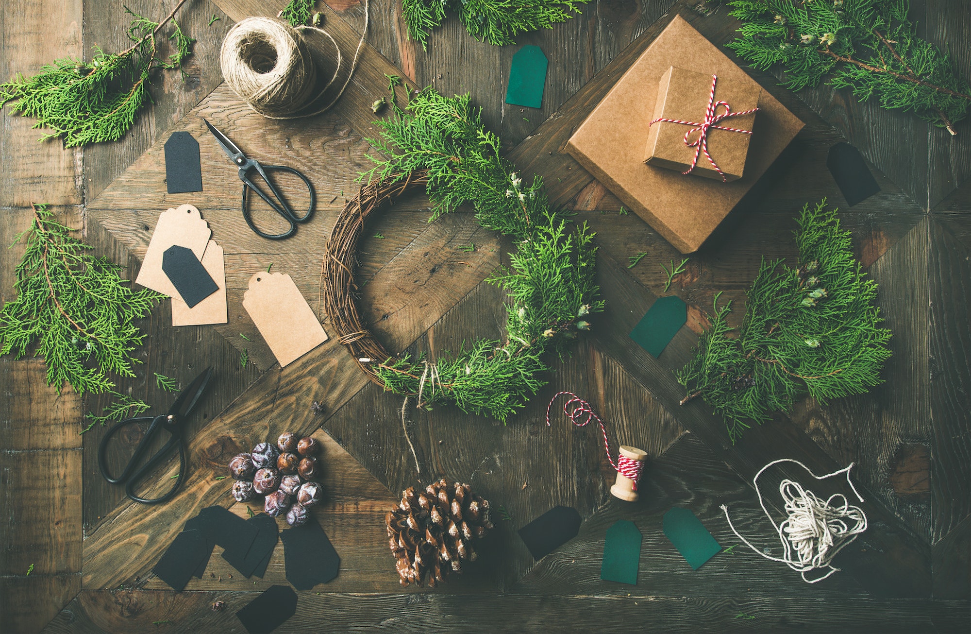 Flat-lay of Christmas and New Year decoration, wooden background