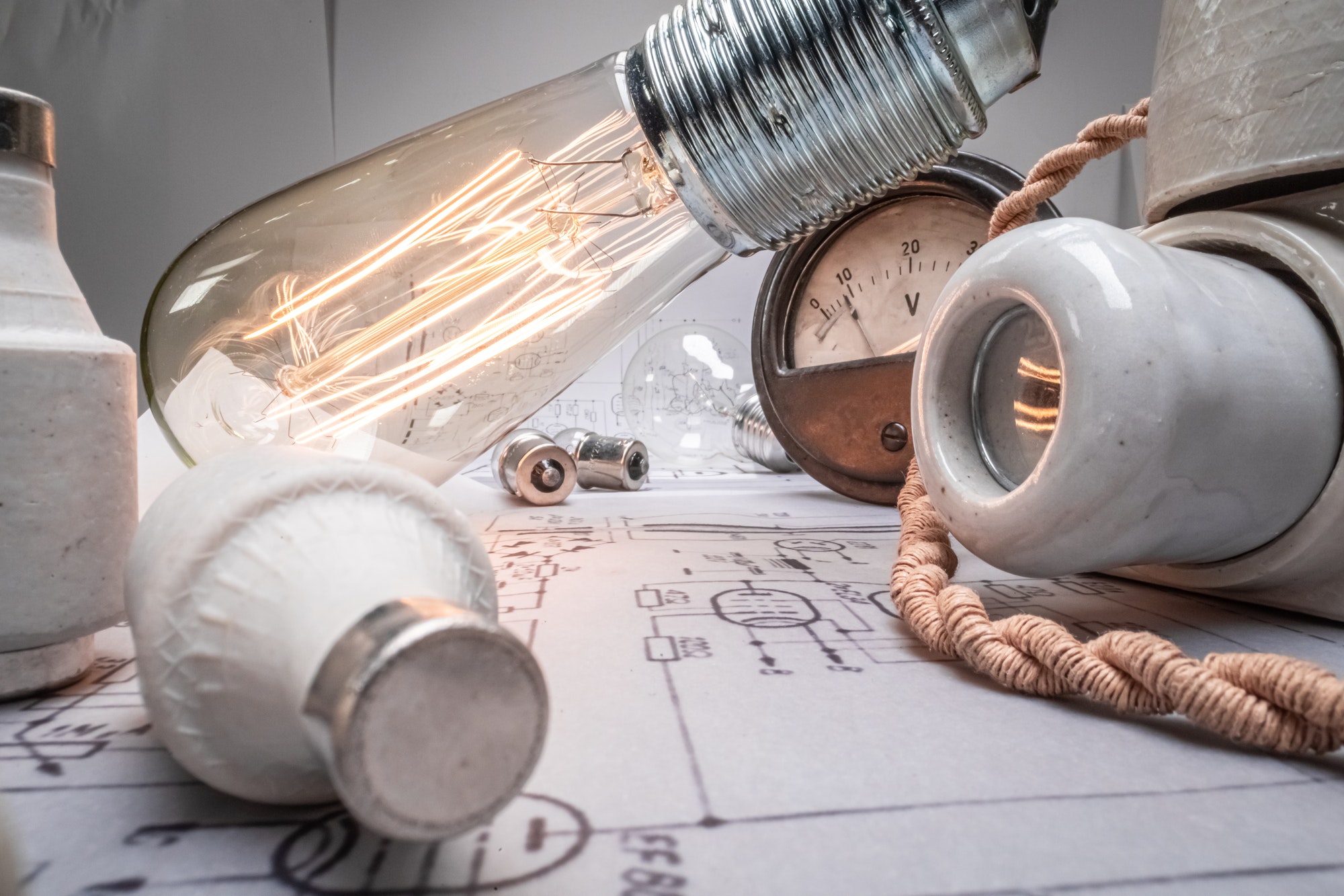 Low voltage light bulb with fuses, cables and diagrams