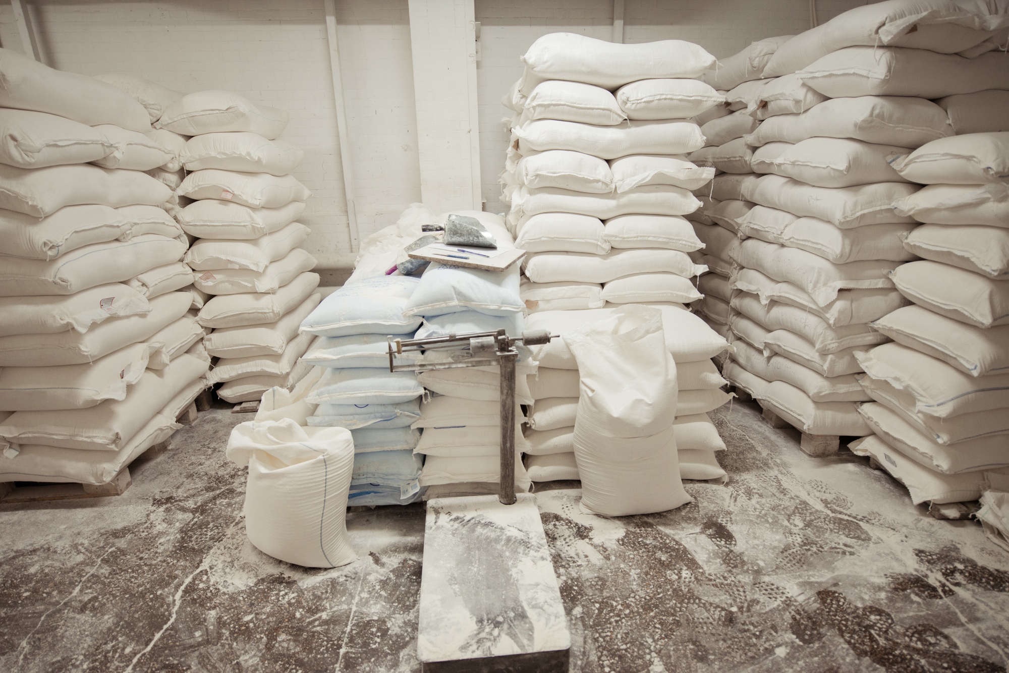 Sacks of flour in the bakery warehouse